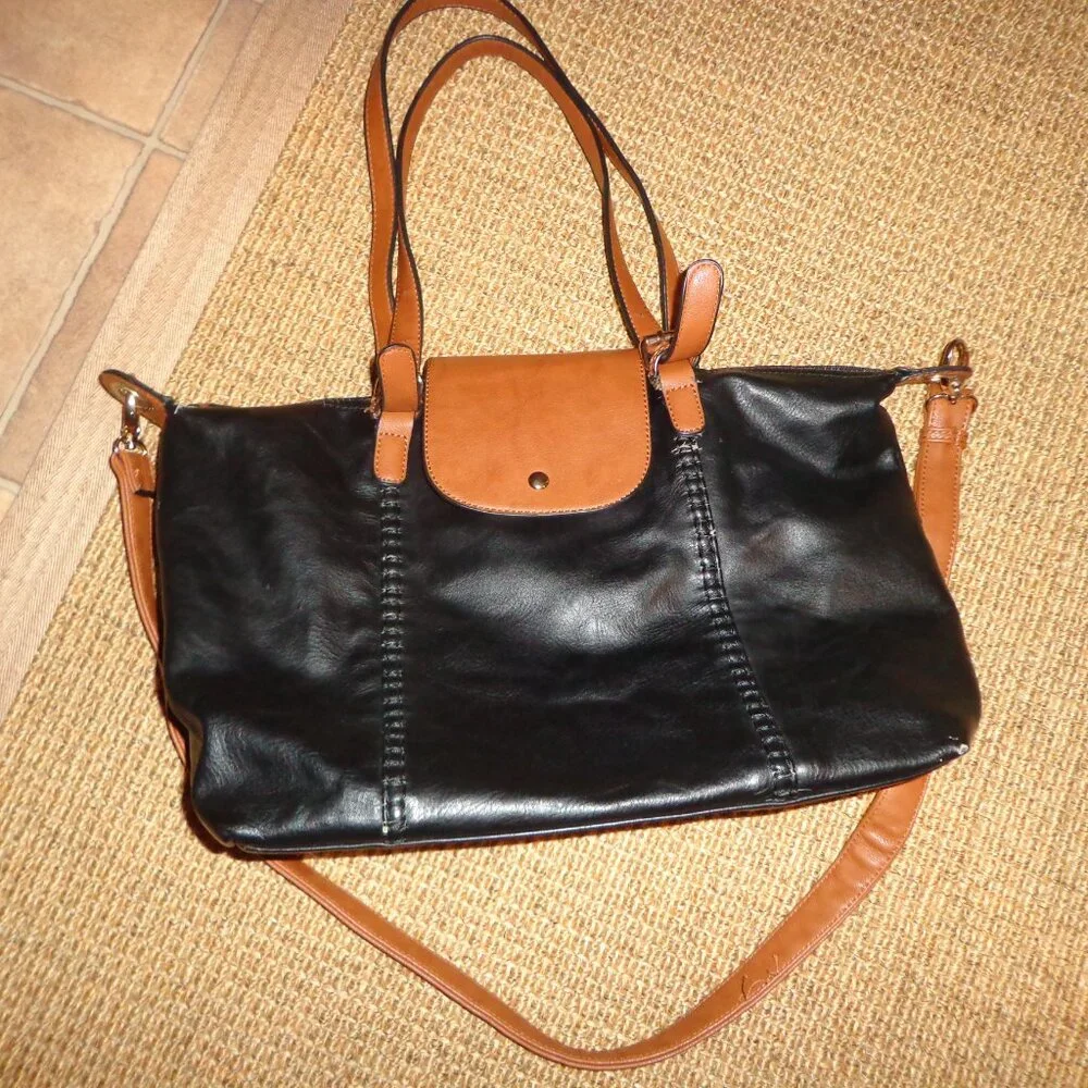 Kelly & Katie Satchel Bag Black/Tan Double Adj. Handle Straps Zip/Snap Closure - Picture 13 of 14